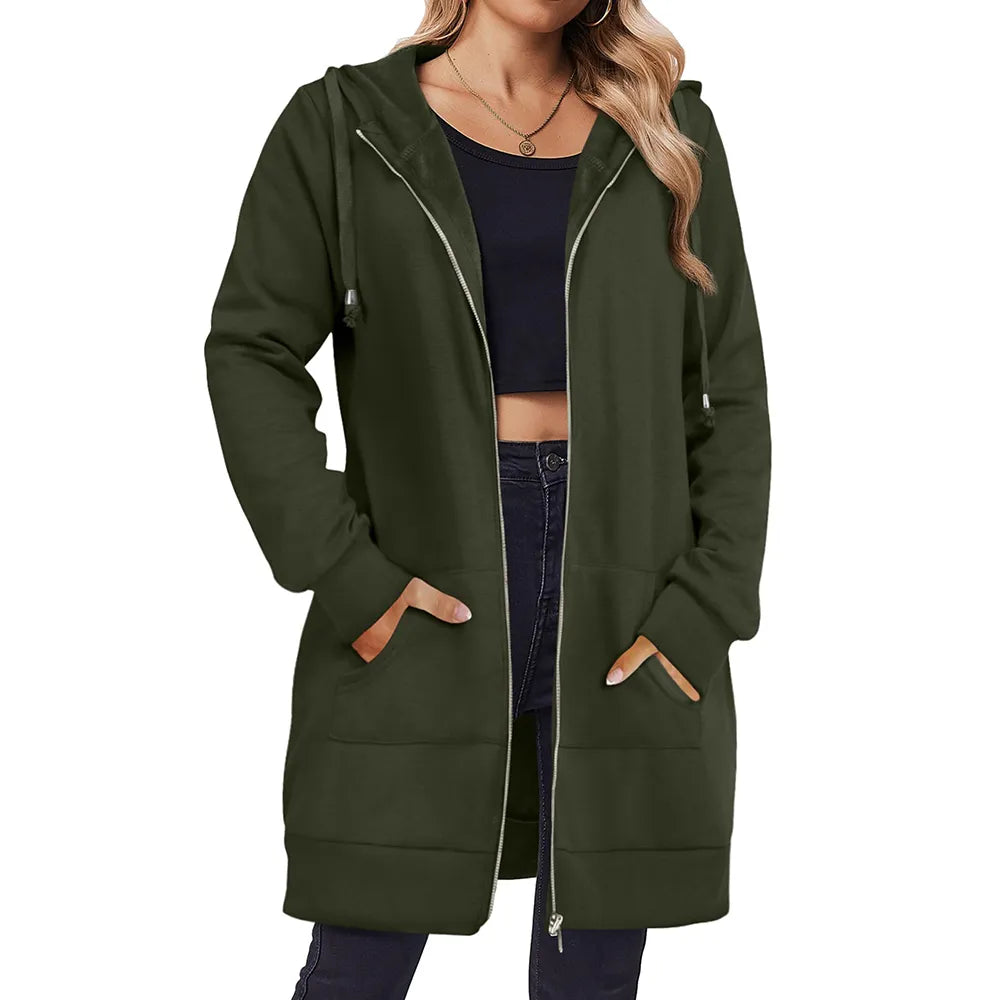 Women Zip Up Fleece Tunic Sweatshirt Long Hoodie