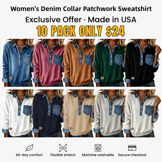 Women's Denim Collar Patchwork Sweatshirt🔥