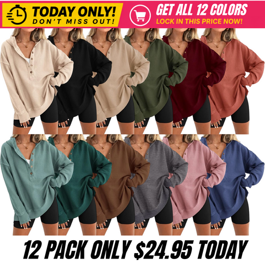 Women's Fashion Long Sleeve Hoodie Oversized Button-Up V-Neck Sweatshirt