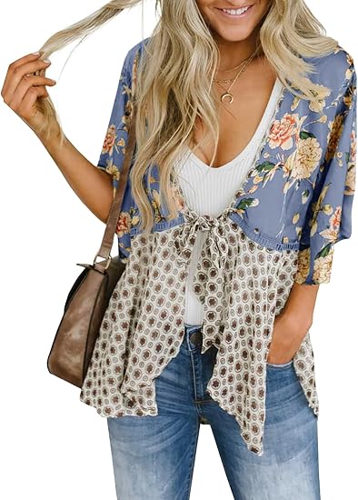Womens Tie Front Kimono Cardigans Flowy Cover Ups