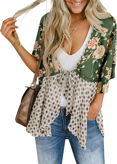 Womens Tie Front Kimono Cardigans Flowy Cover Ups