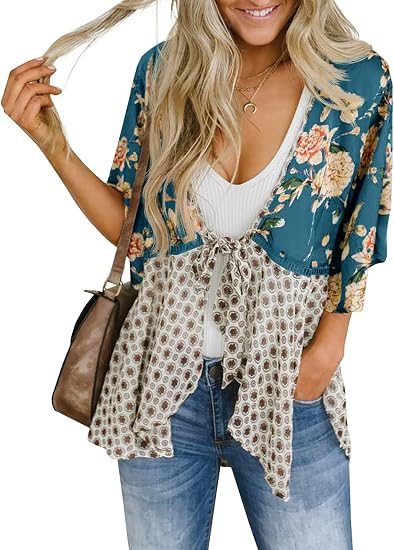 Womens Tie Front Kimono Cardigans Flowy Cover Ups