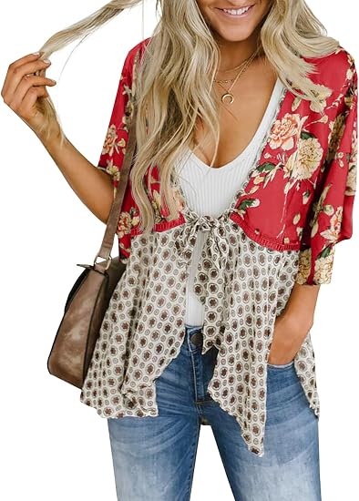 Womens Tie Front Kimono Cardigans Flowy Cover Ups