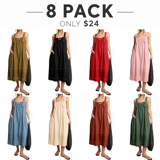 【End of Summer Sale】Women's Barrel Midi Dress Sleeveless Strappy Maxi Dress with Big Pockets