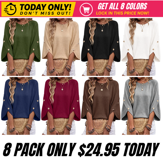 Women's Oversized Sweater, 3/4 Button Sleeve, Crewneck Casual Lightweight Knit Solid Pullover Sweater Top