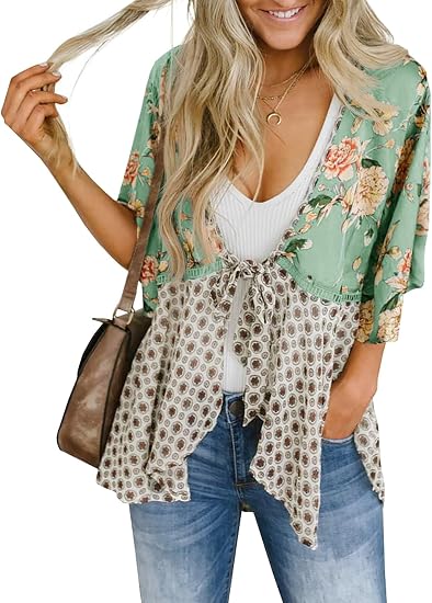 Womens Tie Front Kimono Cardigans Flowy Cover Ups