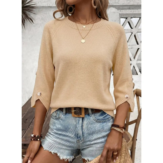 Women's Oversized Sweater, 3/4 Button Sleeve, Crewneck Casual Lightweight Knit Solid Pullover Sweater Top