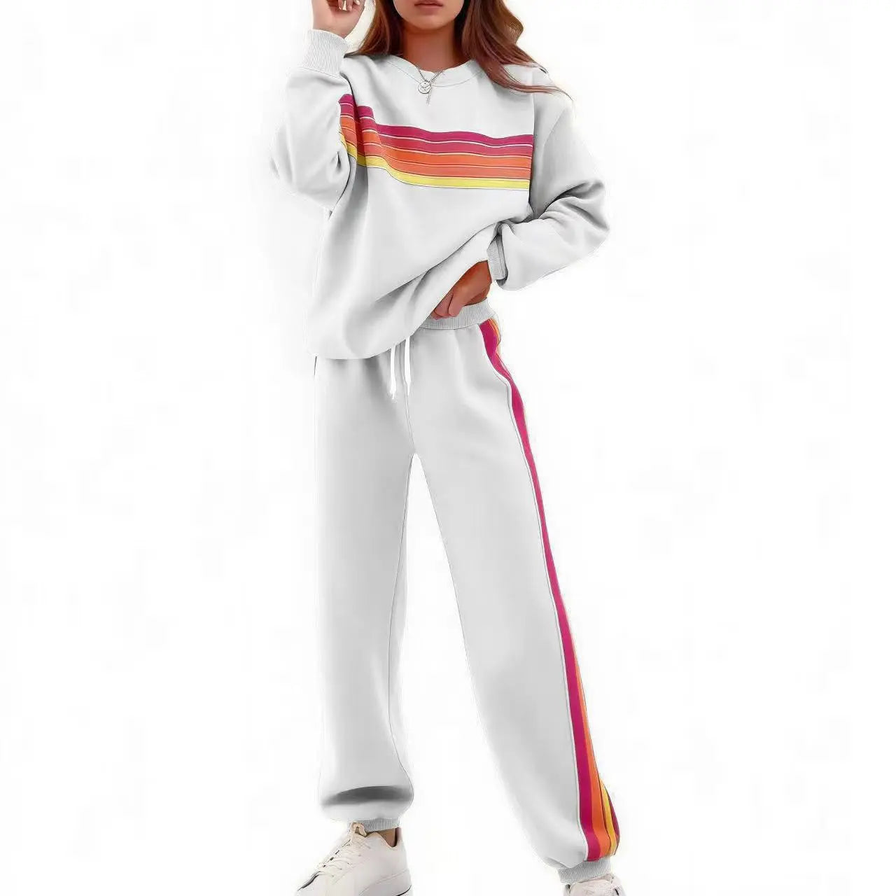Women’s 2-Piece Loose-Fit Sweatshirt Set – Retro Rainbow Stripe Crewneck Sweatshirt & Casual Track Pants🔥