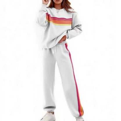 Women’s 2-Piece Loose-Fit Sweatshirt Set – Retro Rainbow Stripe Crewneck Sweatshirt & Casual Track Pants🔥